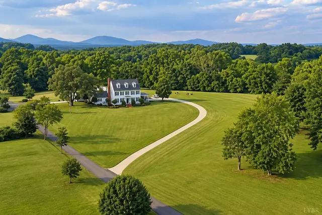 Aerial view of the house and long curving driveway with mountains beyond at 1351 Country Estates Drive, Lowry VA