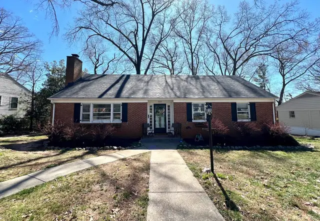Front of the house, brick ranch with black shutters and a front walkway at 2118 Westerly Drive, Lynchburg VA