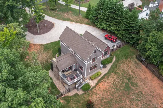 Aerial view of the back deck and fenced yard at 2842 Chilton Road, Appomattox VA