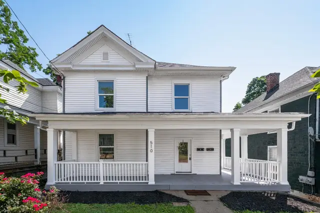 Front of the two-story white house with a covered front porch at 510 Stuart Street, Lynchburg VA