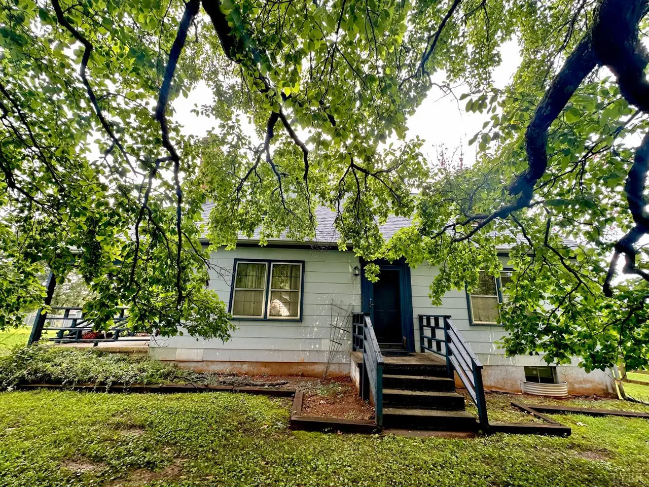Front of the house under tree branches with black porch steps at 607 Middle Street, Lynchburg VA